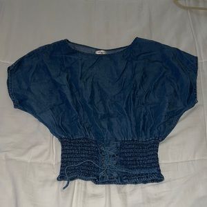 Dizzire- Denim Smocked Tie Front Crop Top with Dolman Sleeves size medium